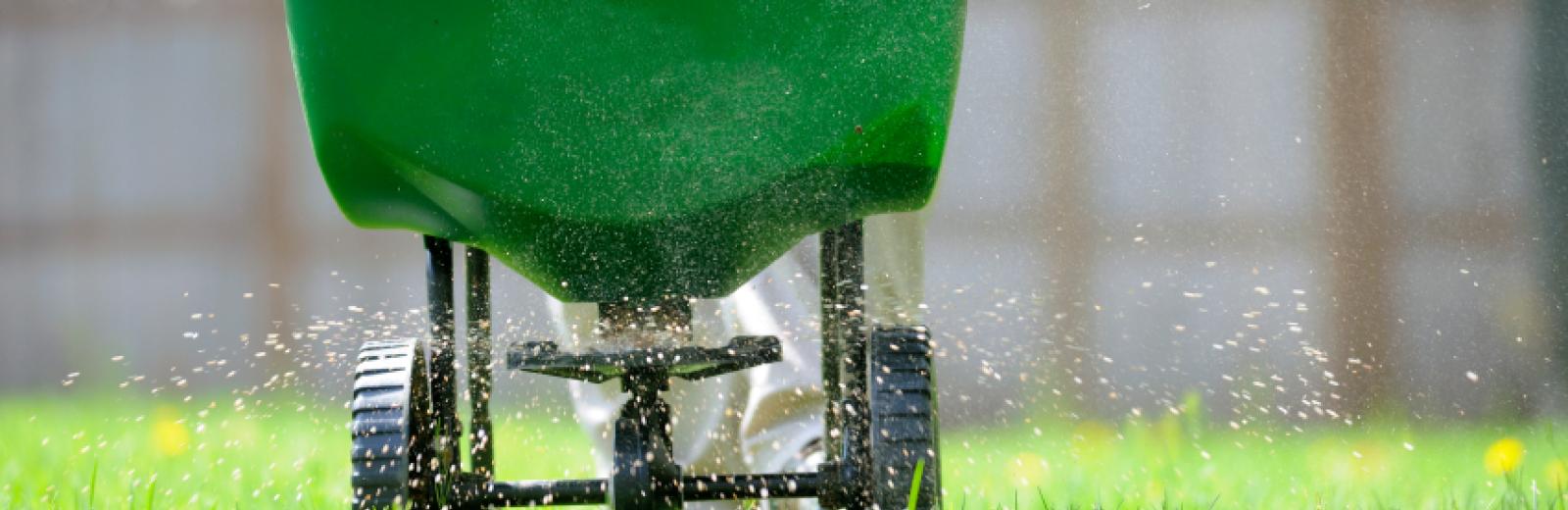 lawn technician applying fertilizer using a fertilizer spreader